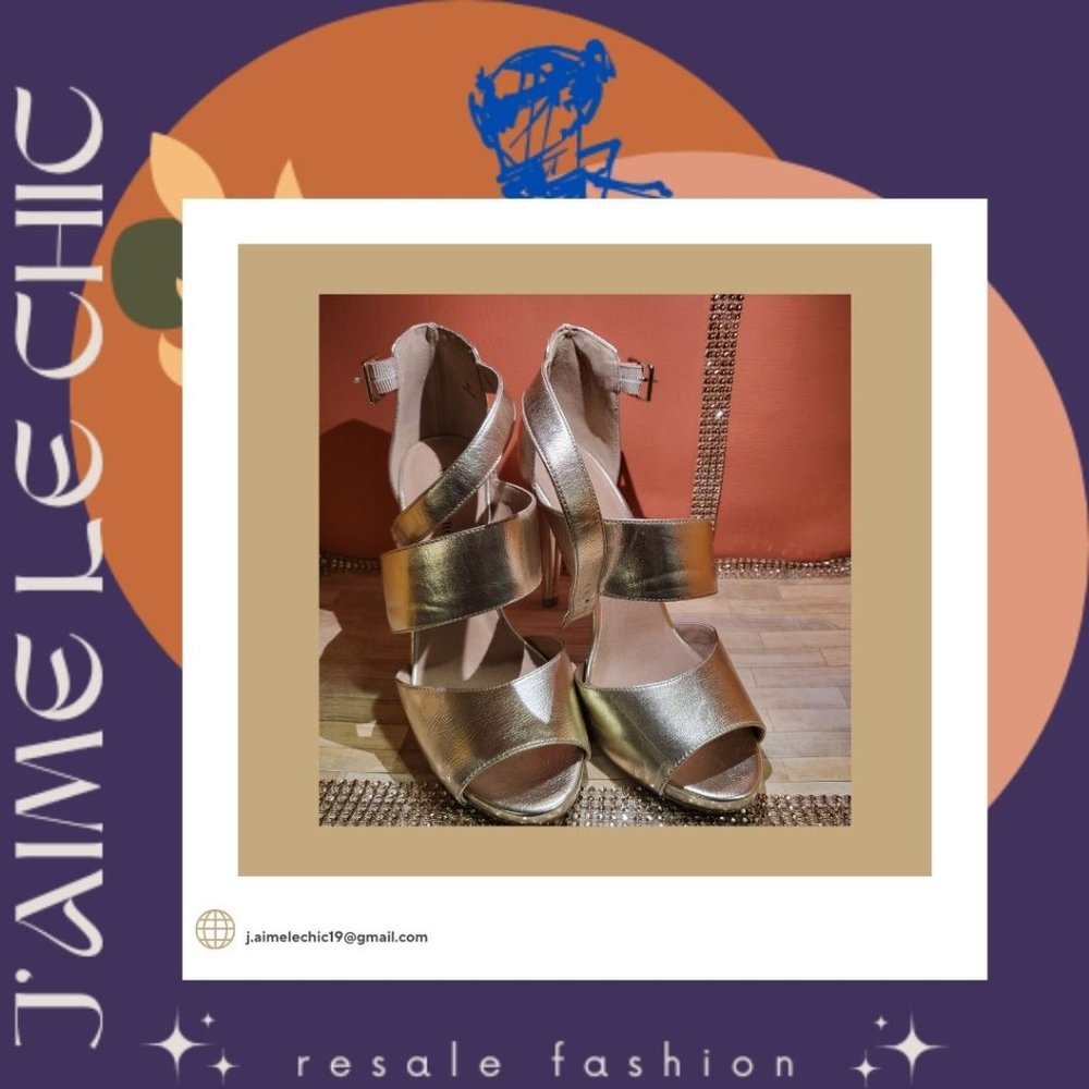 Audrey Brooke Gold Peep-Toe Strapped Design Sandal Heels- Never Worn